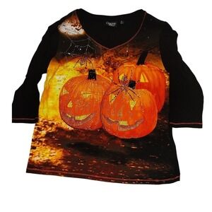 Halloween Pumpkin Rhinestone Top – Ongue Casual L Black‎ 3/4 Sleeve Fall Shirt